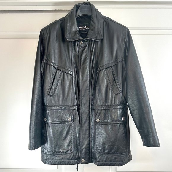 Vintage 90's Oversized Wilsons Leather Black Heavyweight Utility Jacket - Picture 1 of 14